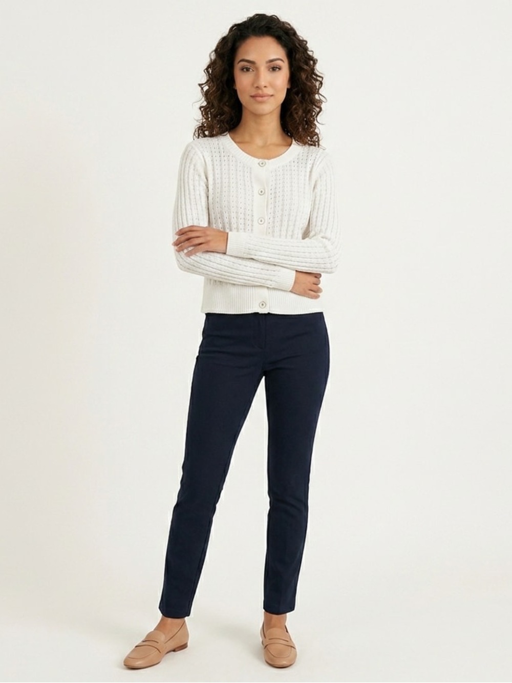 Talbots Petites Sz XL P Button-Front Open Knit Cotton Cardigan White Round Neck